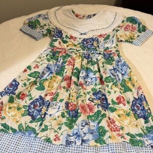 Vintage Cotton 1990 Cottage Rose Floral and Gingham Ruffle Collar Dress Girls 10